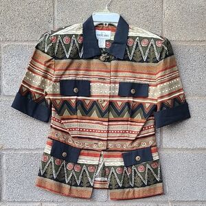 Vintage Patterned Short Sleeve Blouse/Jacket By Robert Daniel Size 8